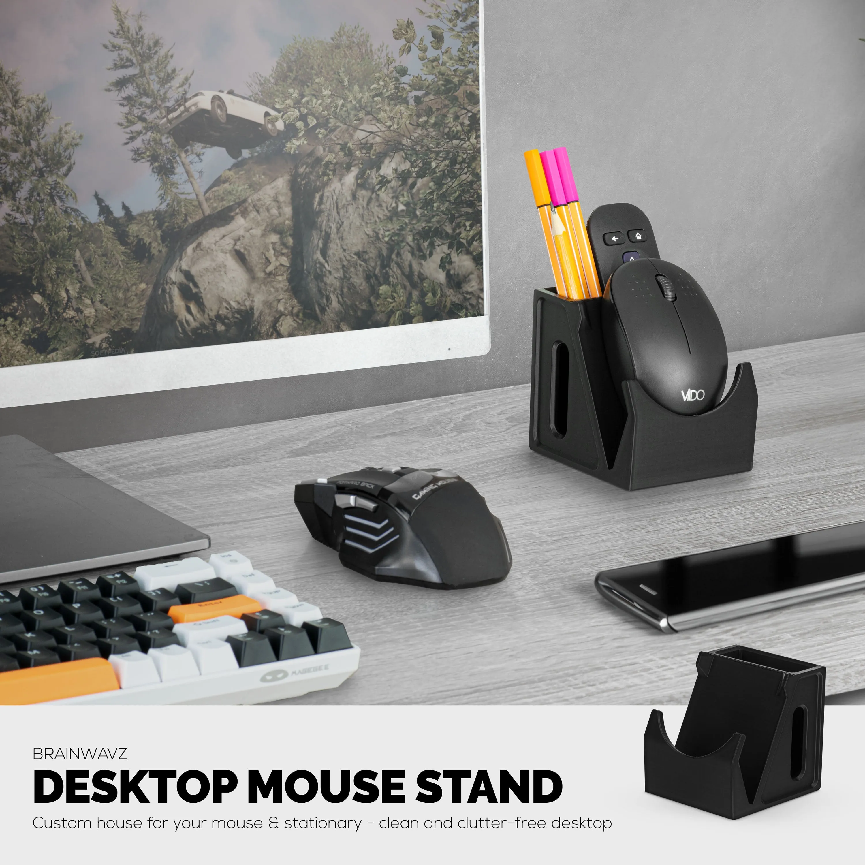 Desktop PC Mouse Stand Holder with Stationary Pen Holder, For Gaming & Office Mice From Logitech, Razer, Corsair & More