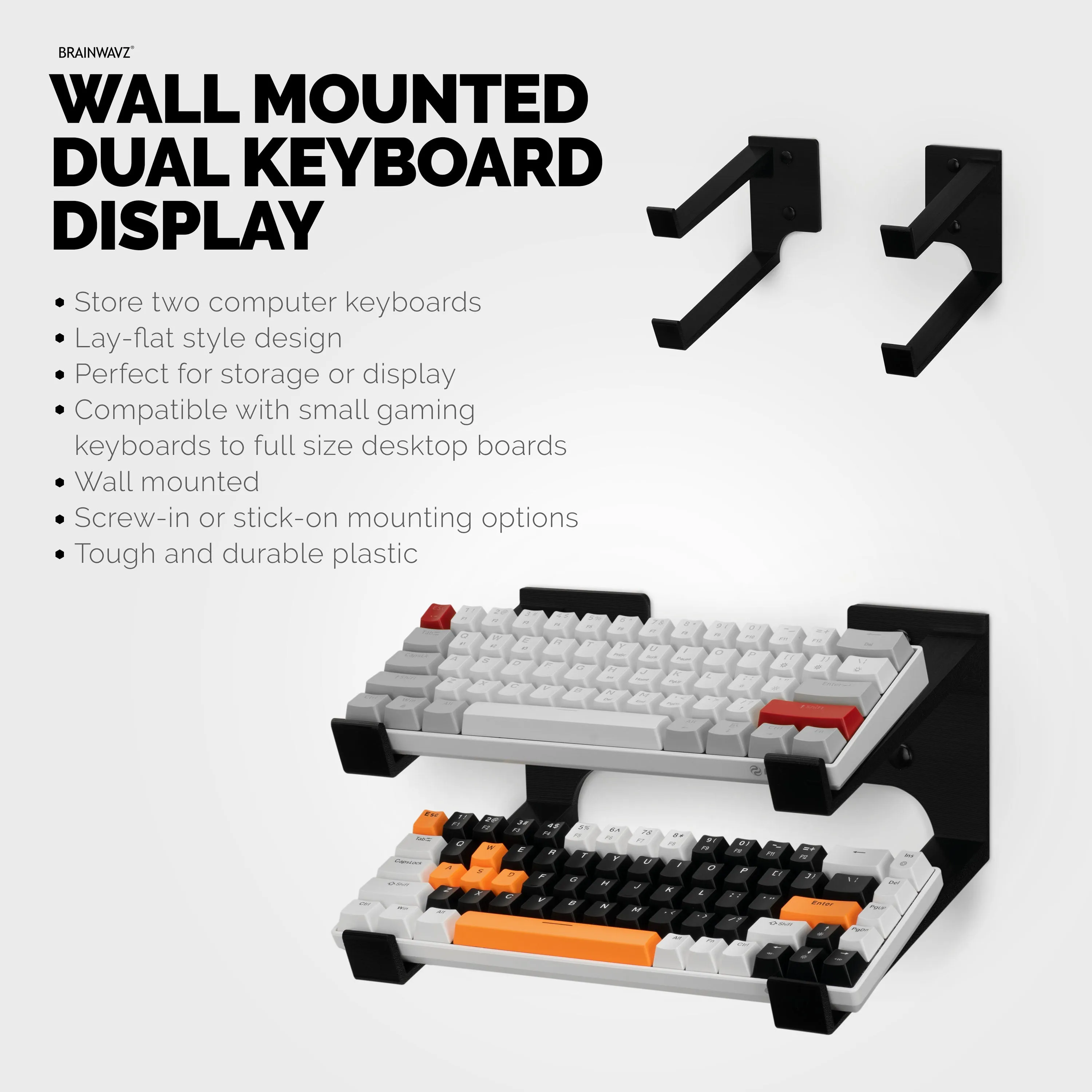 Dual Gaming Keyboard Stand for Wall Mounting - Adhesive or Screw Mount Installation - Stylish and Space Saving Solution for Gamers, Home & Office (KBW04)