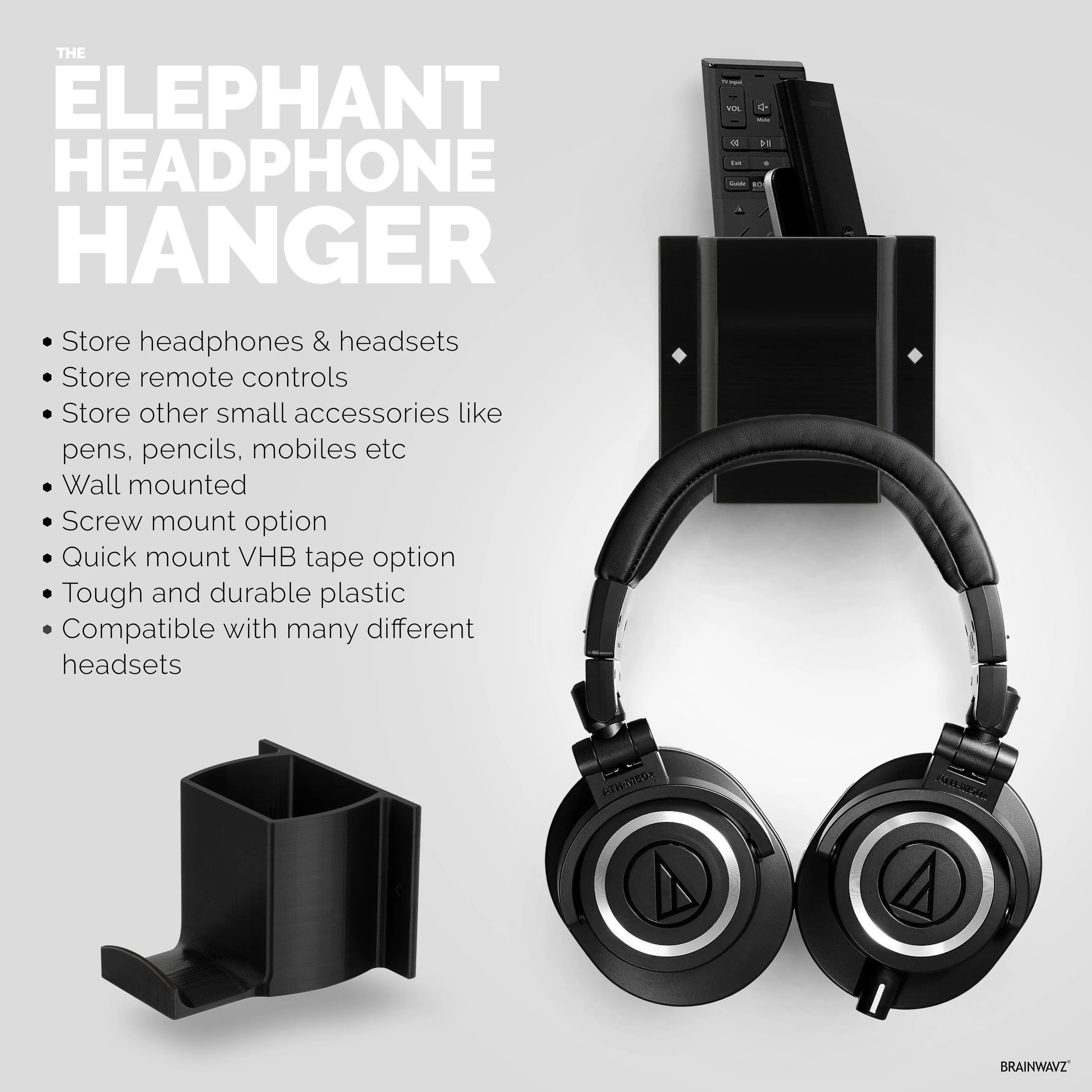 Elephant HP Headphone & TV Remote Control Wall Mount Holder / Phone, Accessories Storage Organiser, Universal Headset Hanger