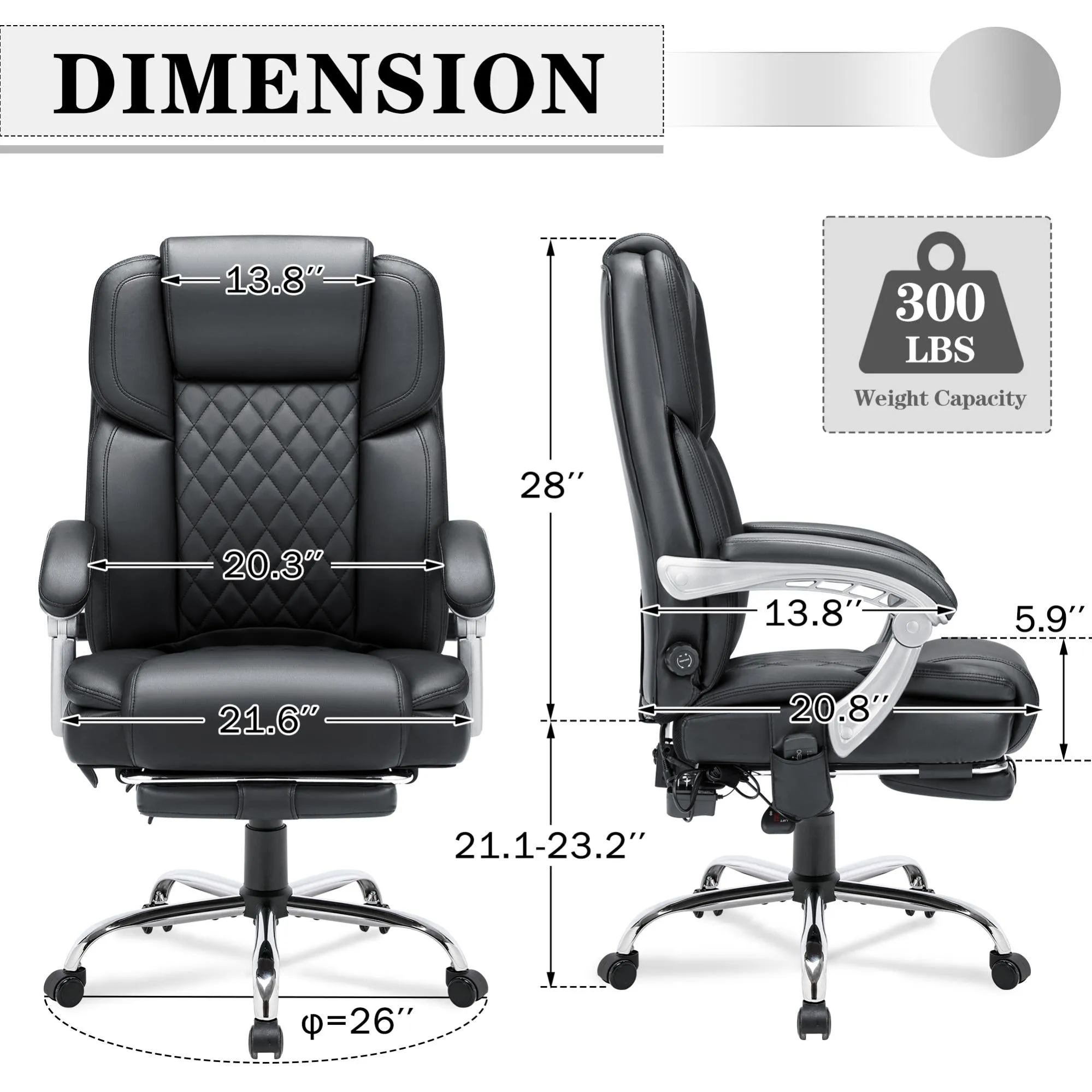 Executive Office Chair, Ergonomic Desk Chair Big and Tall Massage and Heated, Black