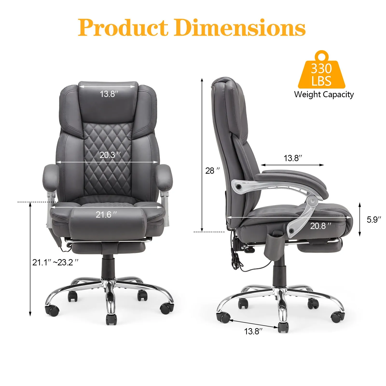 Executive Office Chair, Ergonomic Desk Chair Big and Tall Massage and Heated, Gray