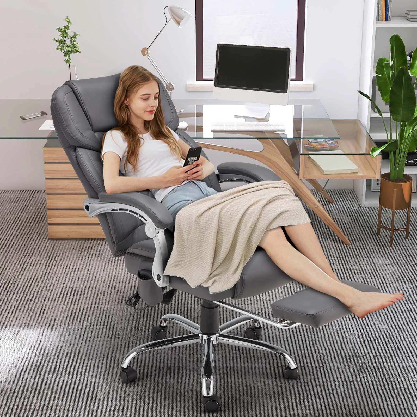 Executive Office Chair, Ergonomic Desk Chair Big and Tall Massage and Heated, Gray