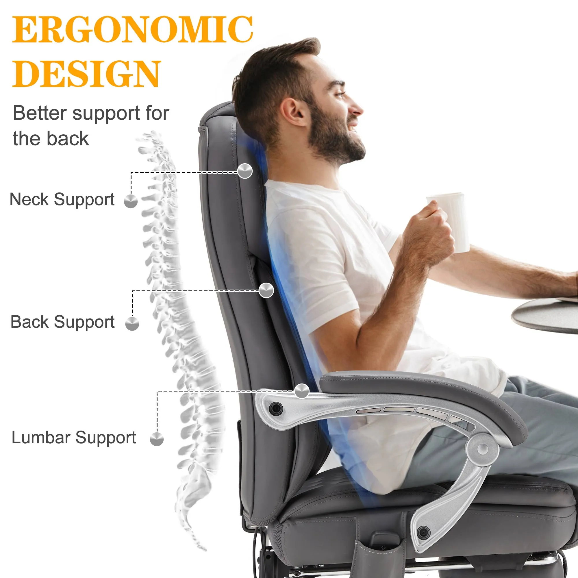 Executive Office Chair, Ergonomic Desk Chair Big and Tall Massage and Heated, Gray