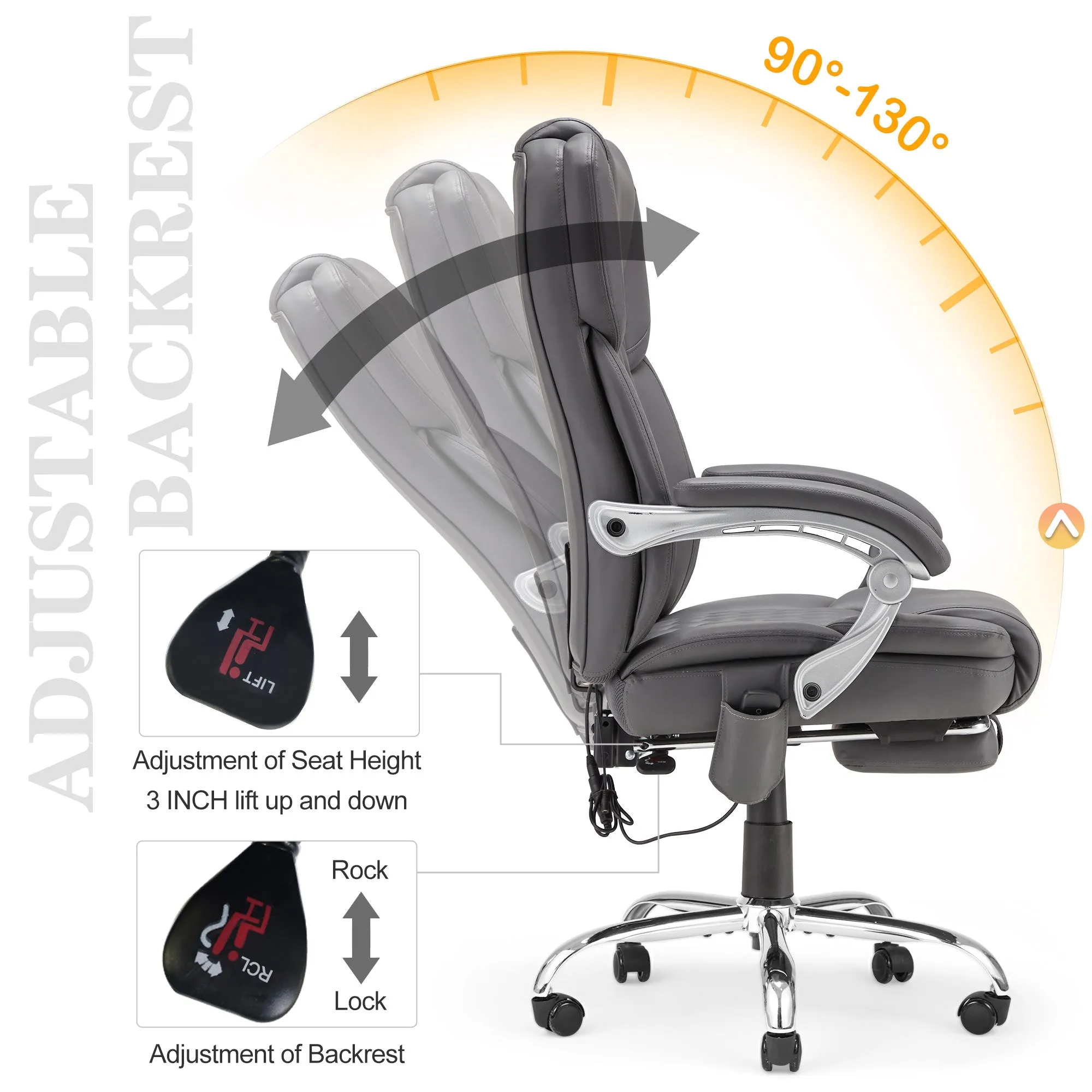 Executive Office Chair, Ergonomic Desk Chair Big and Tall Massage and Heated, Gray