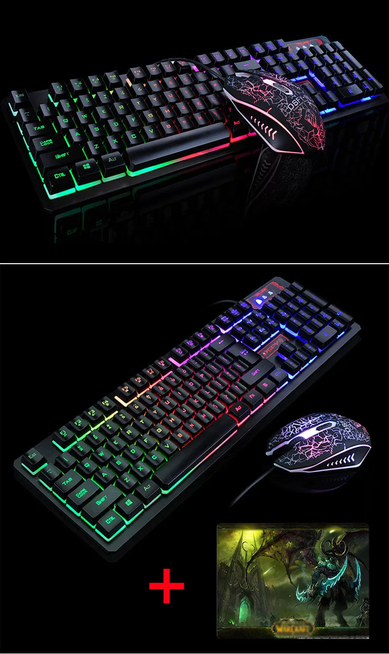 K-13 Wired Rainbow Backlit illuminated Usb Multimedia Ergonomic Gaming Keyboard   2400DPI Optical Gaming Mouse For Gamer Laptop