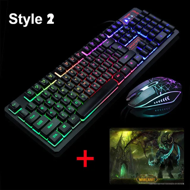 K-13 Wired Rainbow Backlit illuminated Usb Multimedia Ergonomic Gaming Keyboard   2400DPI Optical Gaming Mouse For Gamer Laptop