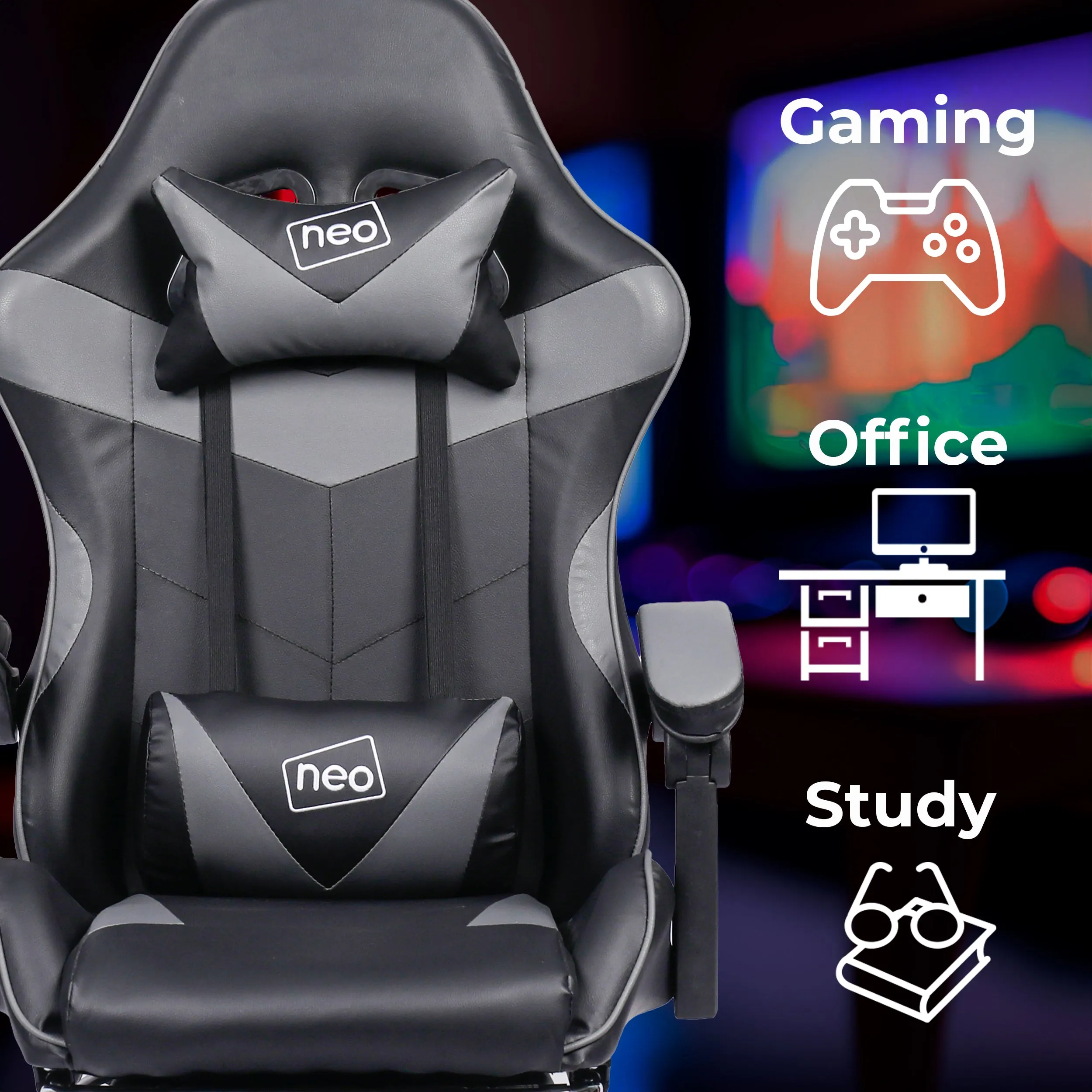 Neo Grey/Black Massage Leather Gaming Chair with Footrest