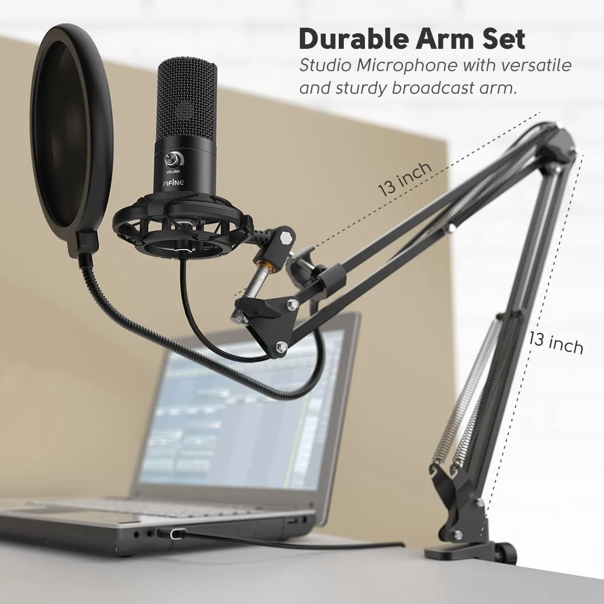 Studio Condenser USB Microphone, Computer PC Microphone Kit with Adjustable Boom Arm Stand Shock Mount for Instruments