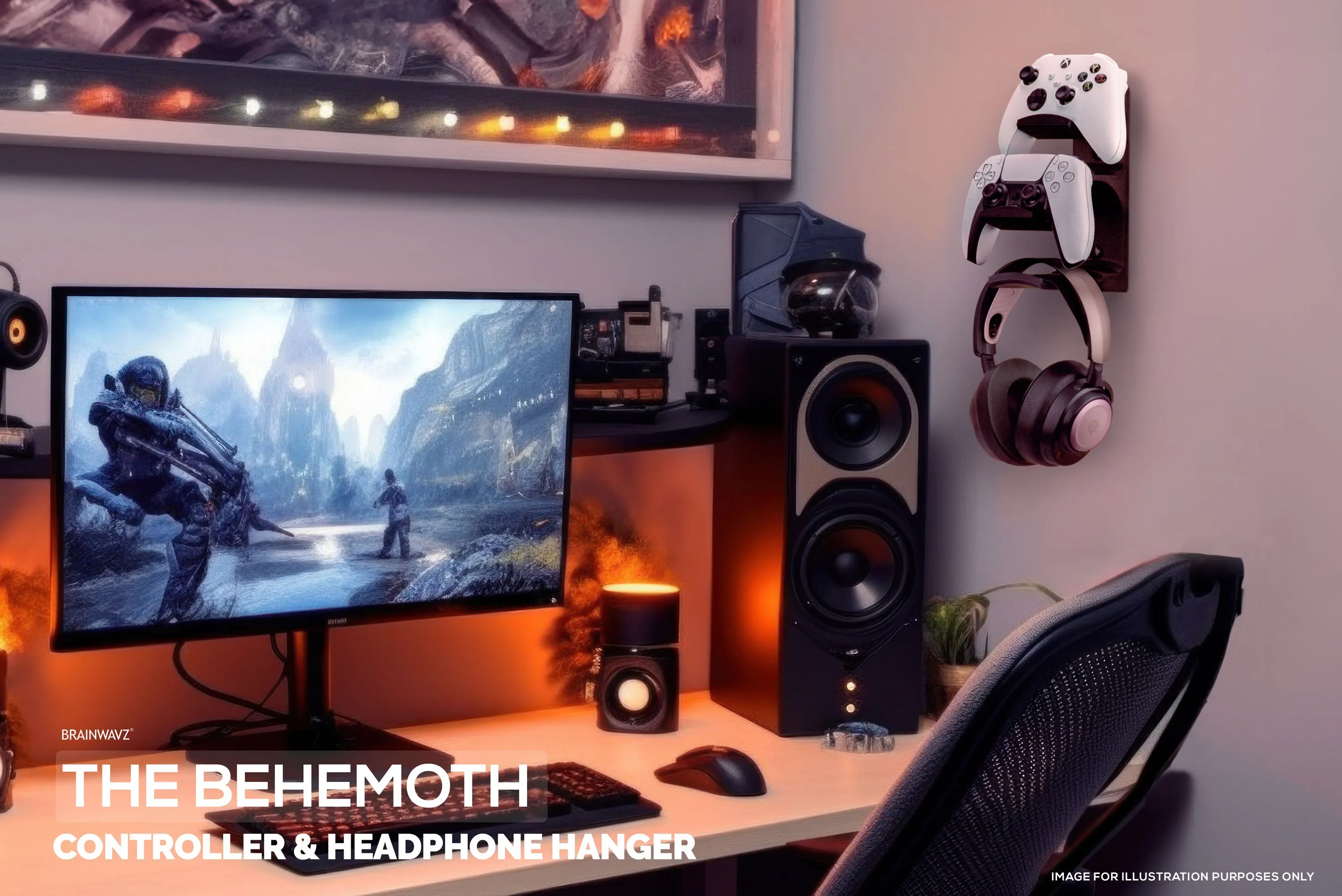 The Behemoth - Dual Game Controller & Headphone Stand Wall Mount Holder - Designed for All Gamepads & Headsets