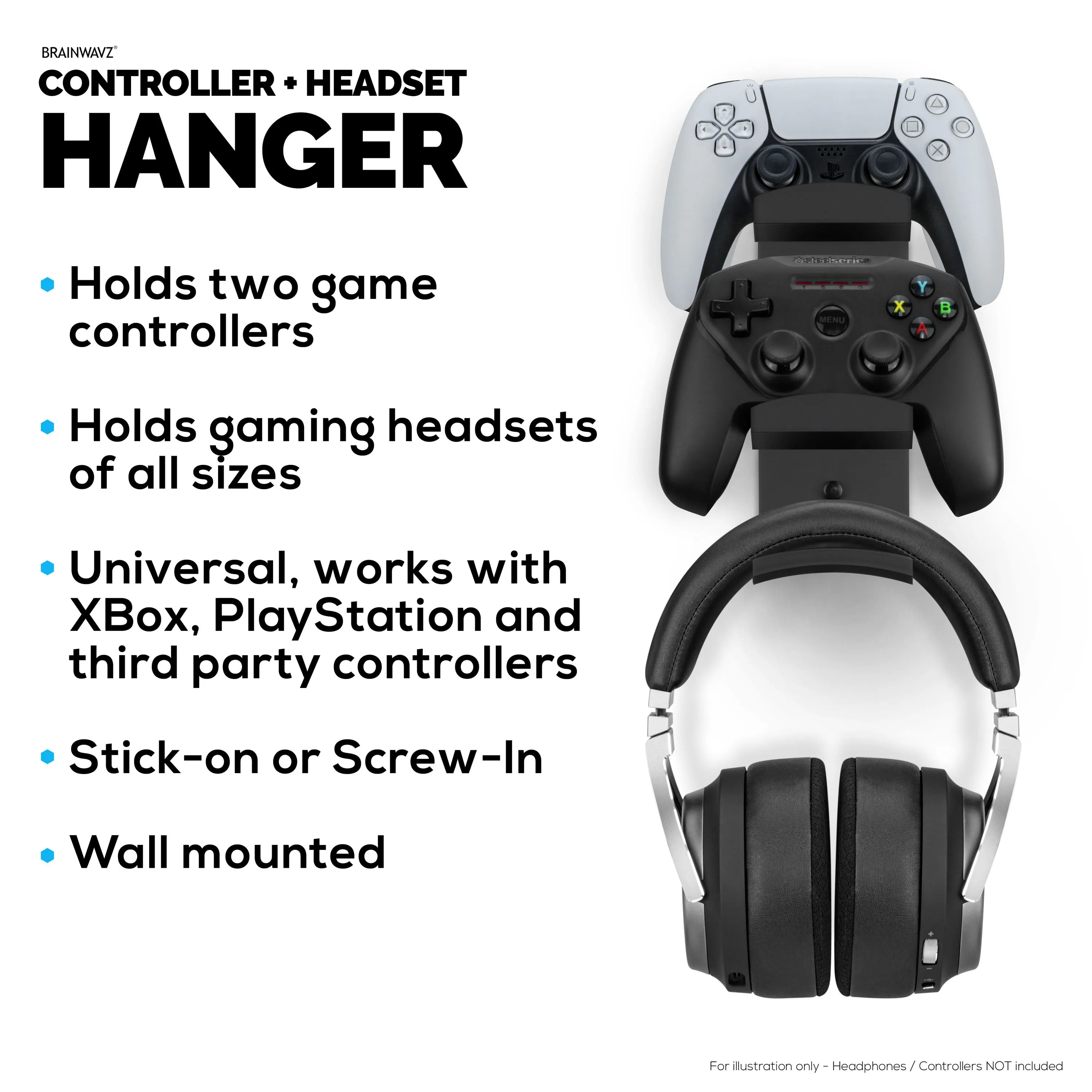 The Behemoth - Dual Game Controller & Headphone Stand Wall Mount Holder - Designed for All Gamepads & Headsets