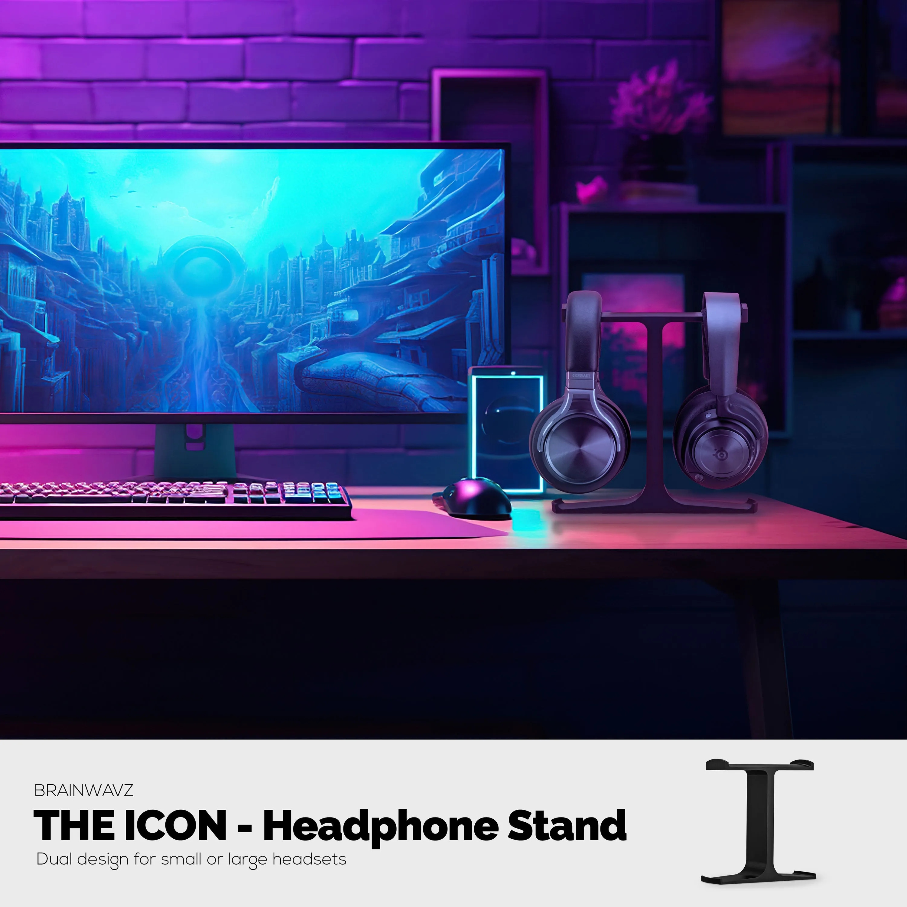 The Icon - Dual Headphone Stand for Desk - Universal Design for All Gaming & Audio Headsets