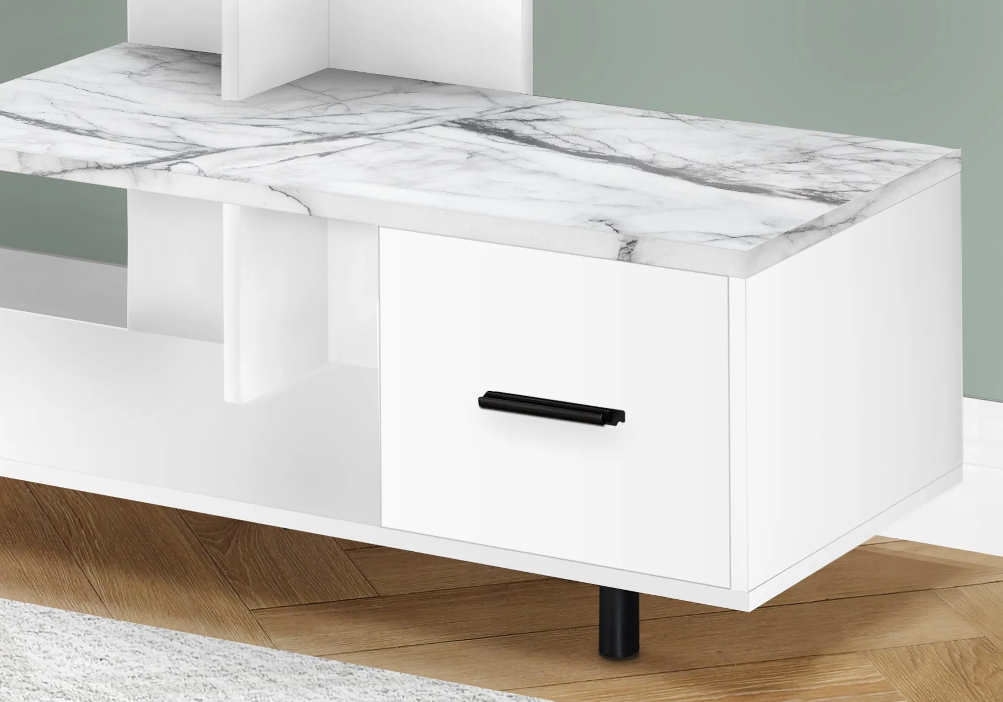 Tv Stand - 48"L / White / White Marble Top / 1 Drawer