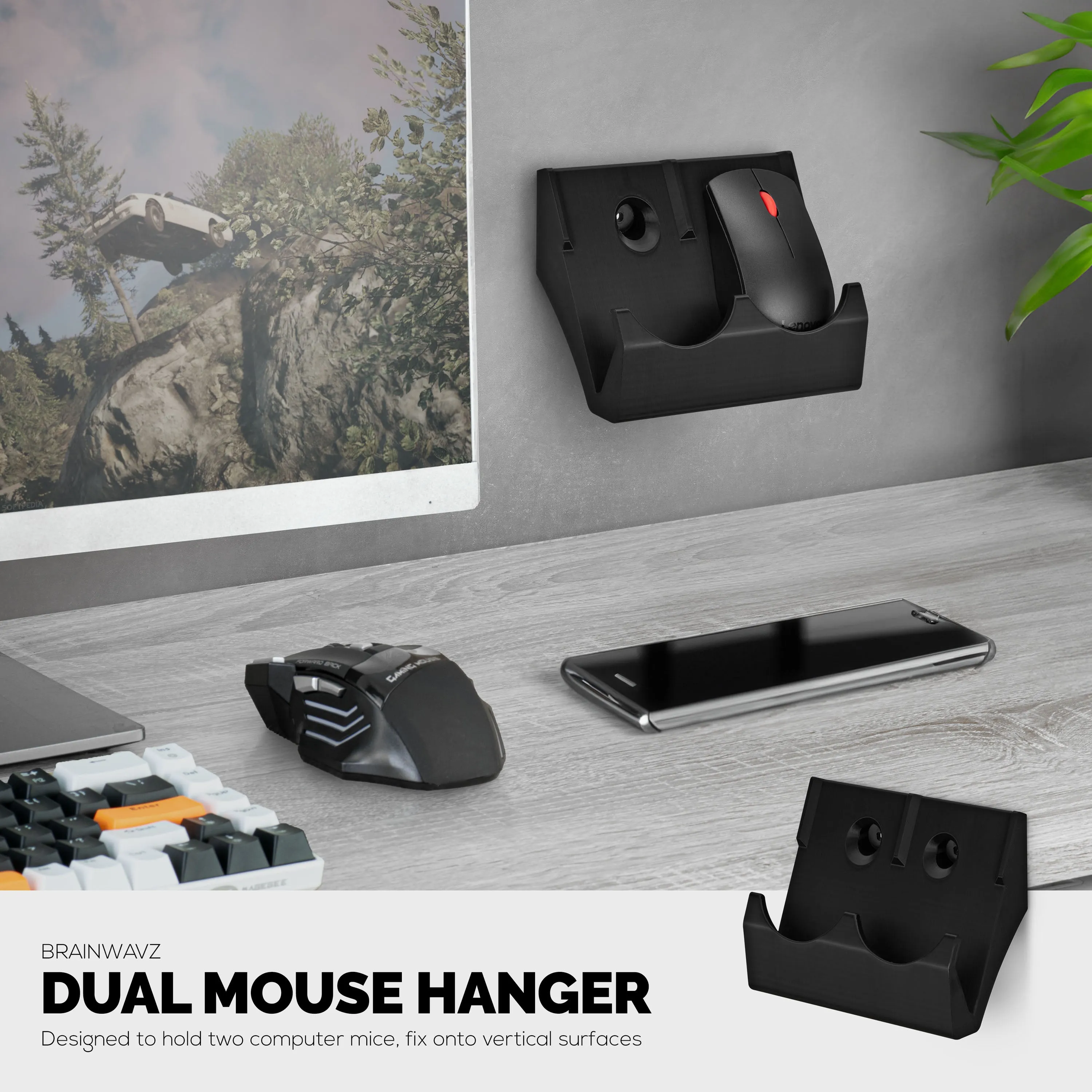 Wall Mount Dual Mouse Holder Display Stand - Holds Gaming & Most Size Mice, Screw-In or Stick-On Mounting Options