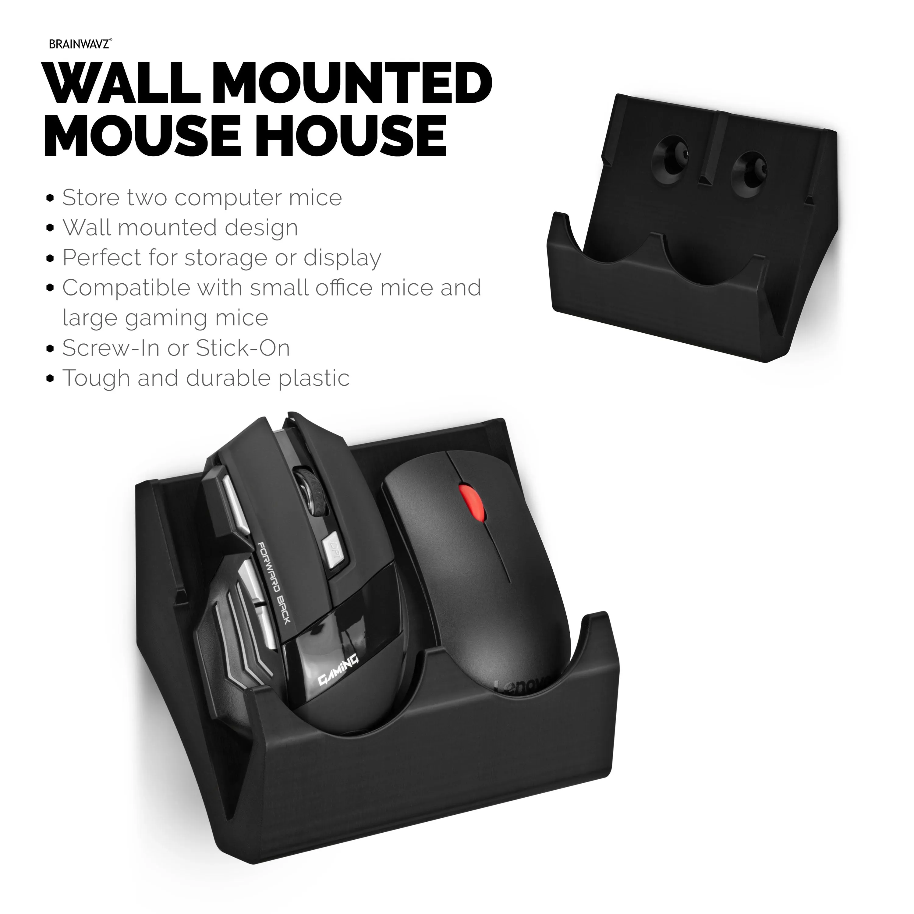 Wall Mount Dual Mouse Holder Display Stand - Holds Gaming & Most Size Mice, Screw-In or Stick-On Mounting Options