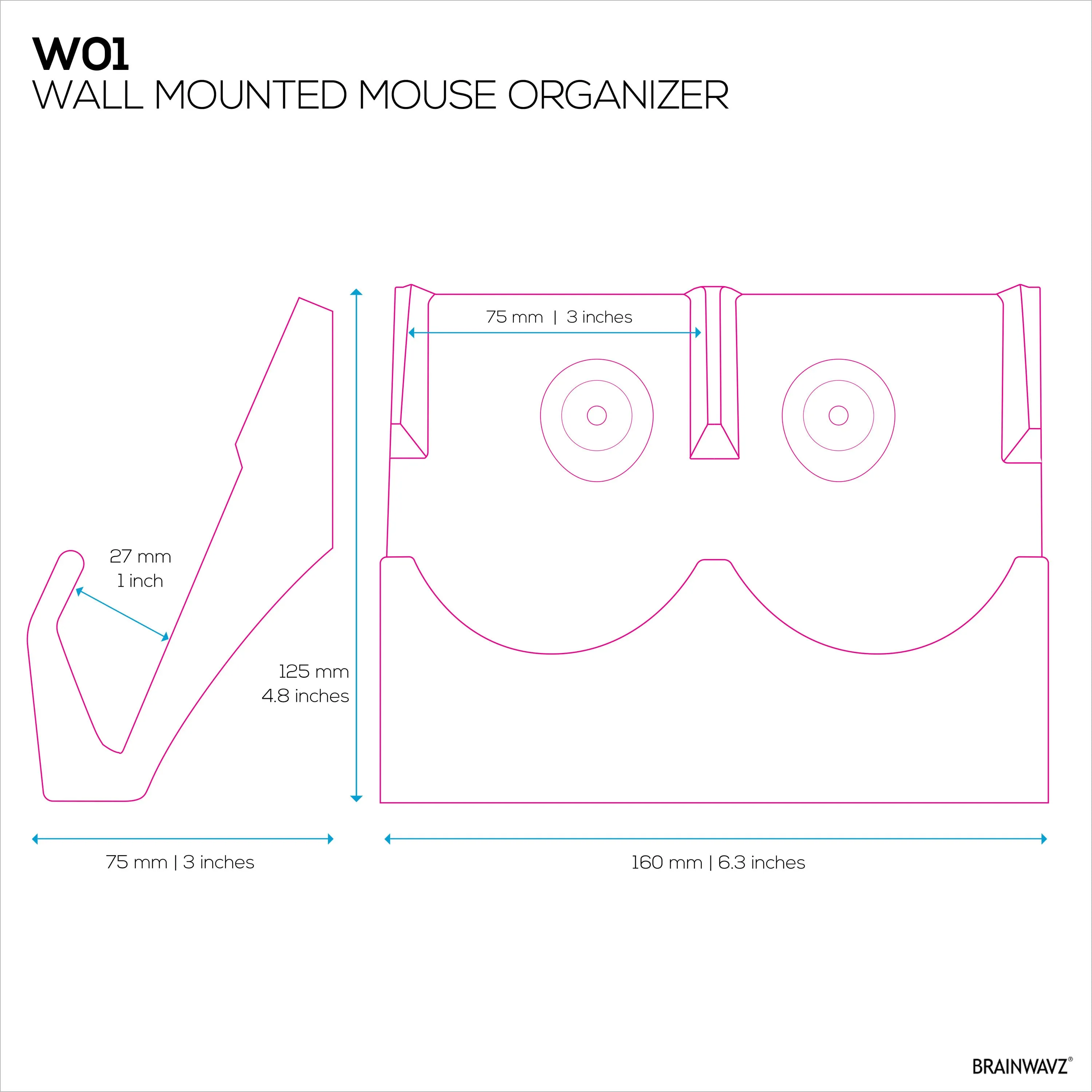 Wall Mount Dual Mouse Holder Display Stand - Holds Gaming & Most Size Mice, Screw-In or Stick-On Mounting Options