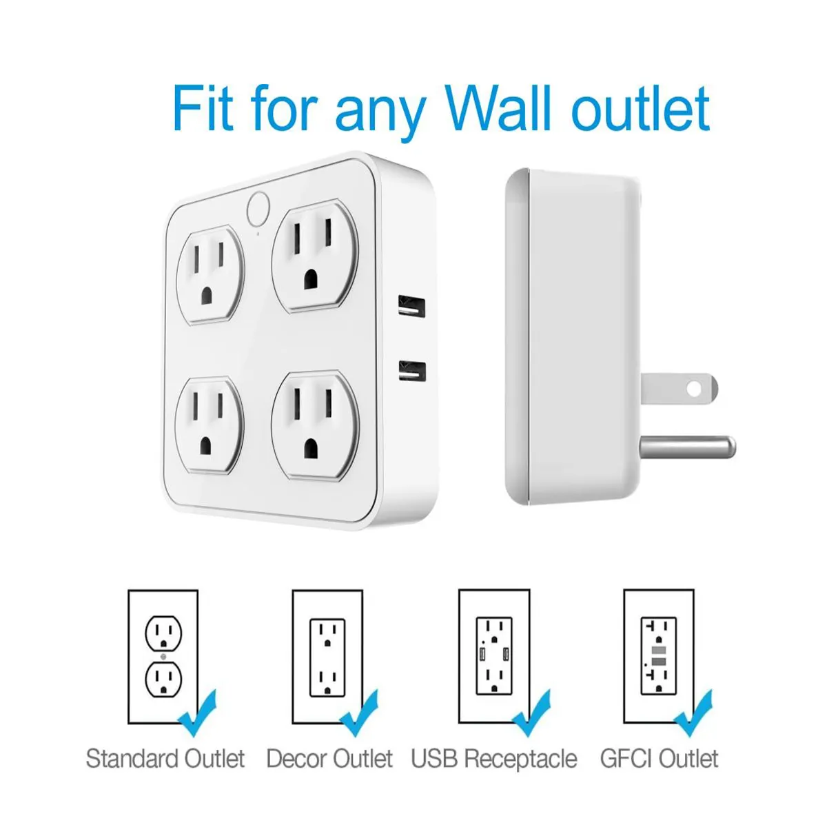 Wireless Wall Tap Smart Plug, Surge Protector, 4 Outlet Extender with 4 USB Charging Ports, Compatible with Alexa Google Assistant, no Hub Required (4 Outlets,4 USB Ports),ETL Certified